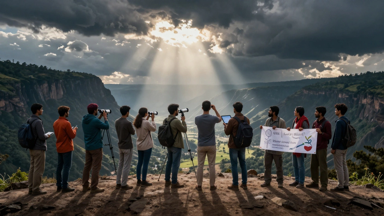 Diverse group on cliff overlooking valley, symbolizing united environmental action.