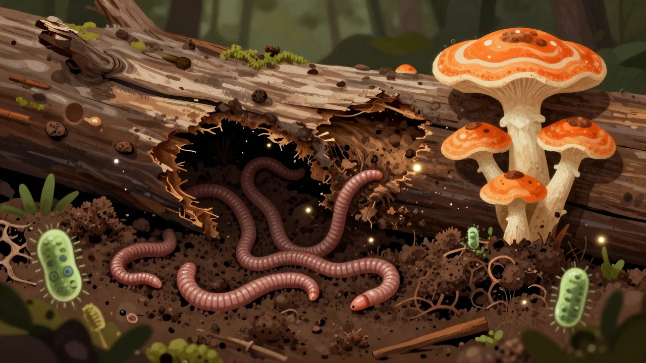 Fungi and worms decomposing a log to recycle nutrients in soil