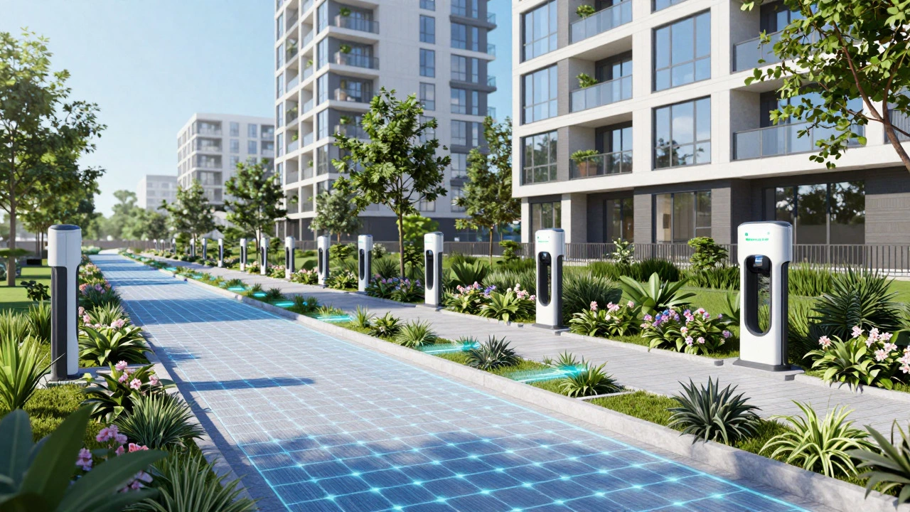 Futuristic eco-city street with smart grids, EV chargers, and lush green landscaping.