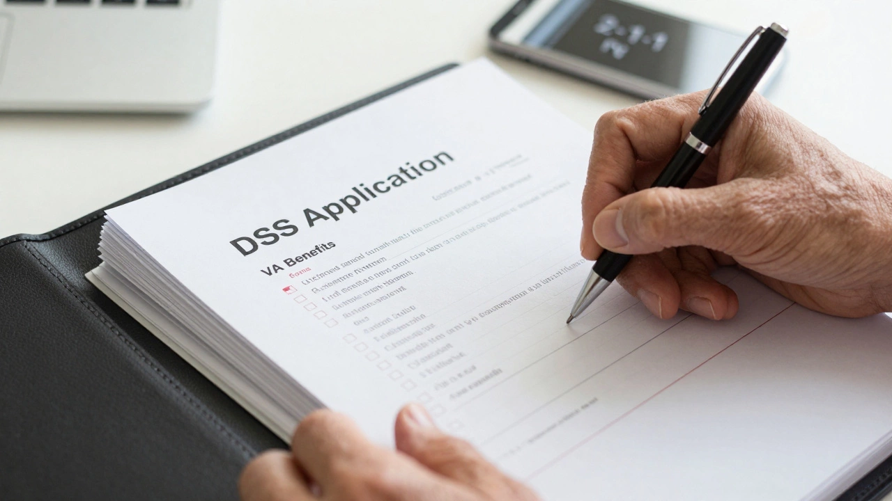 Hands organizing care application documents and checklist