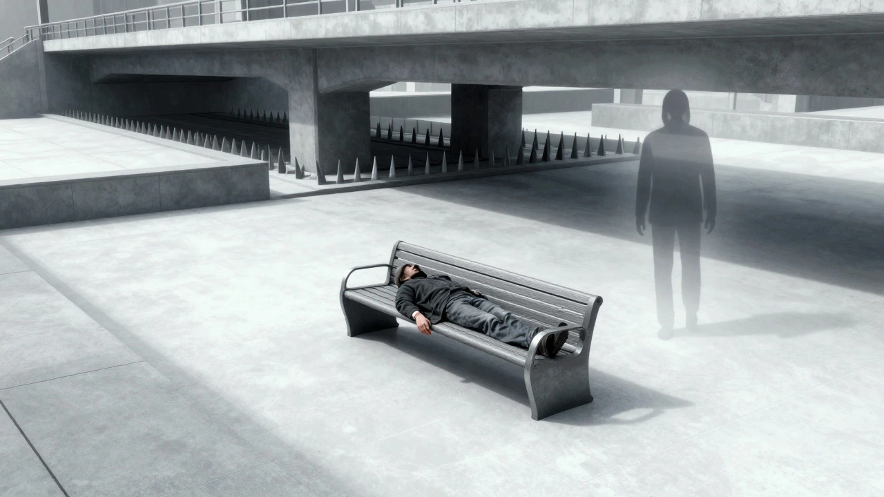 Hostile architecture like spiked benches preventing rest