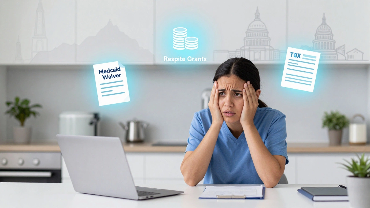 Illustration of caregiver with floating icons for Medicaid and grants