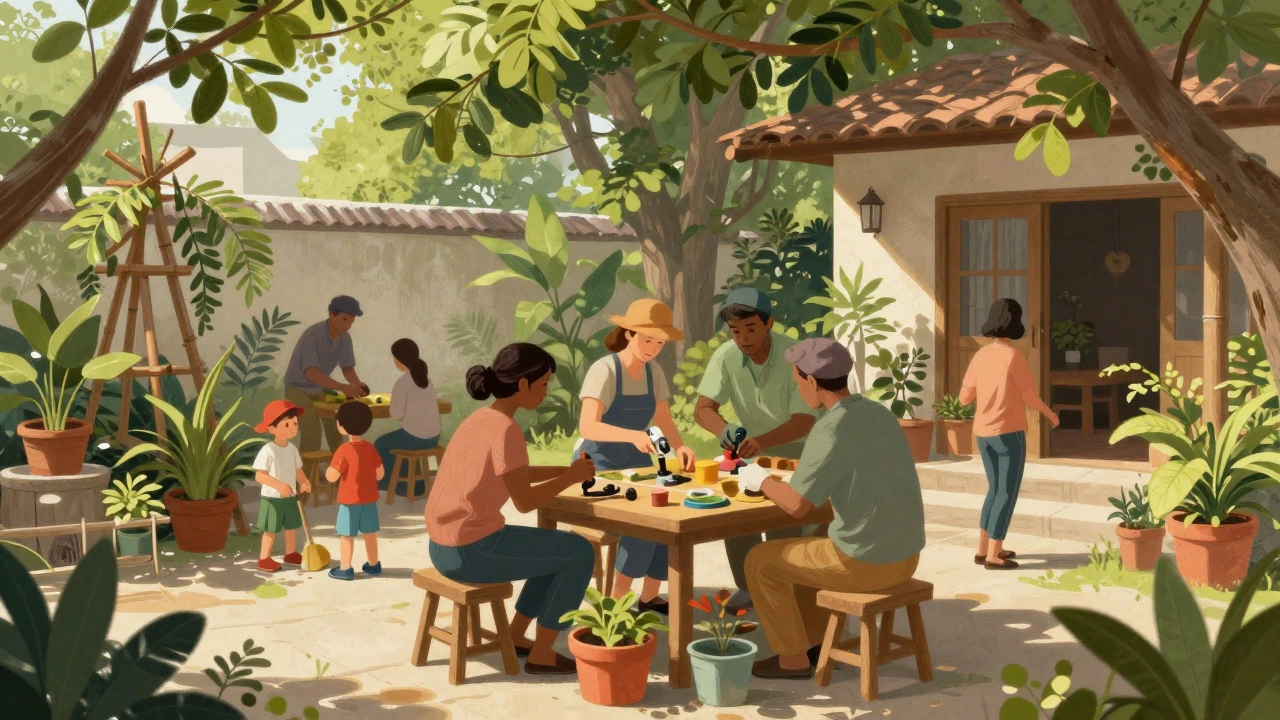 Neighbors sharing tools and repairing items together in a shaded, plant-filled courtyard.