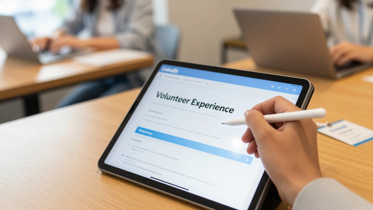 Person updating volunteer experience section on LinkedIn profile via tablet