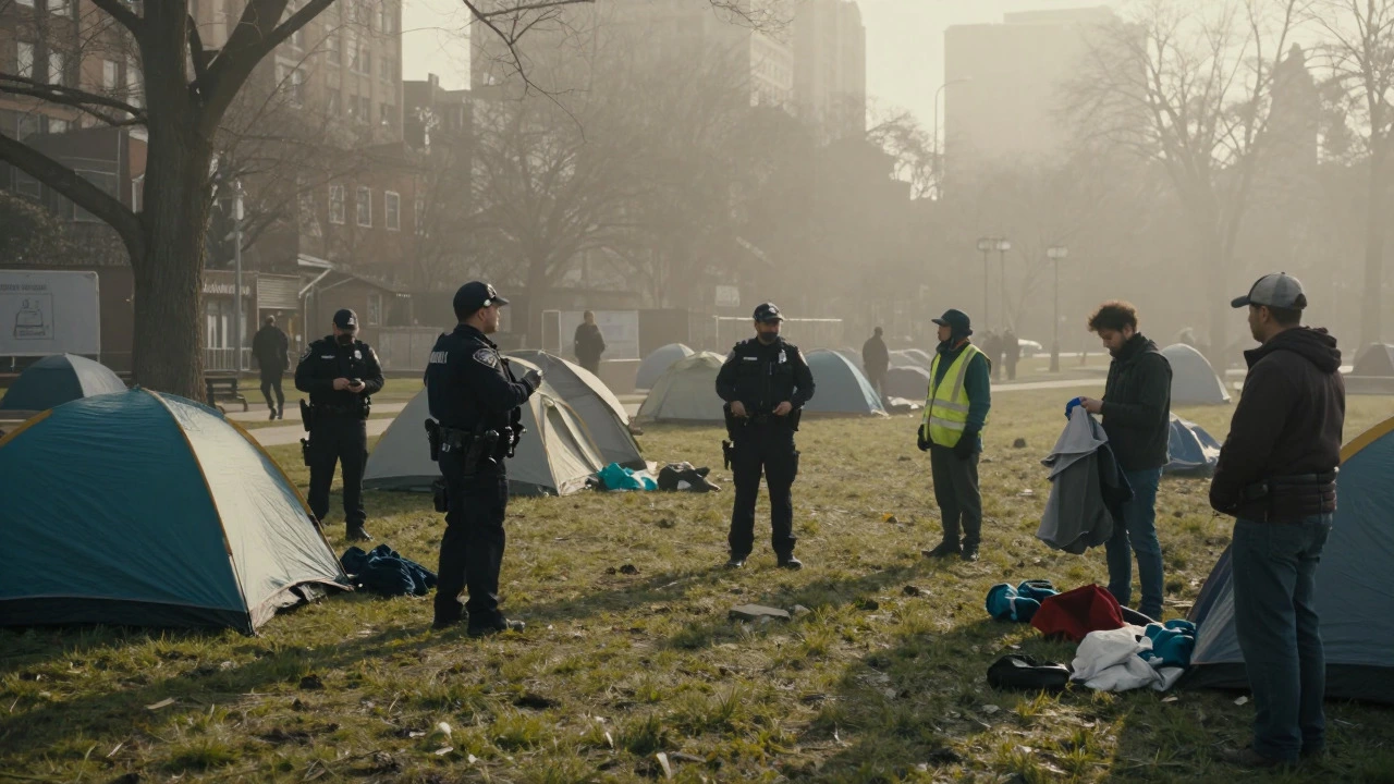Police clearing homeless encampment in urban park