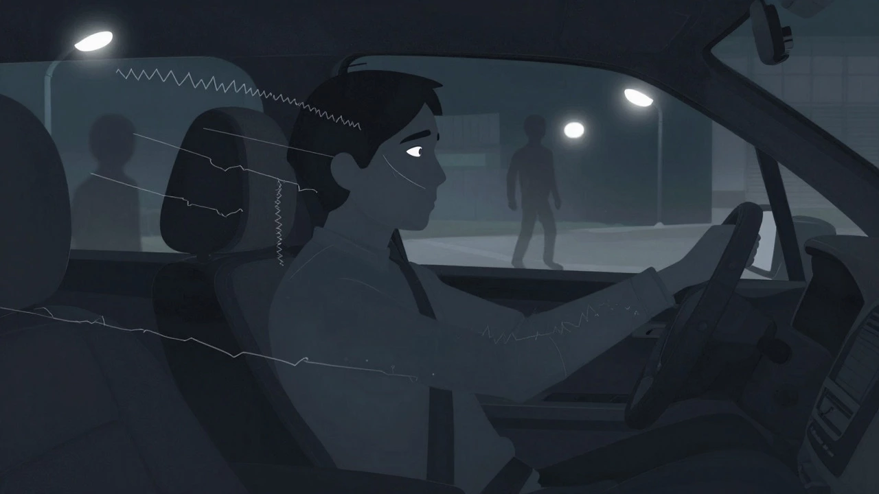 Silhouette of alert driver surrounded by abstract stress visuals