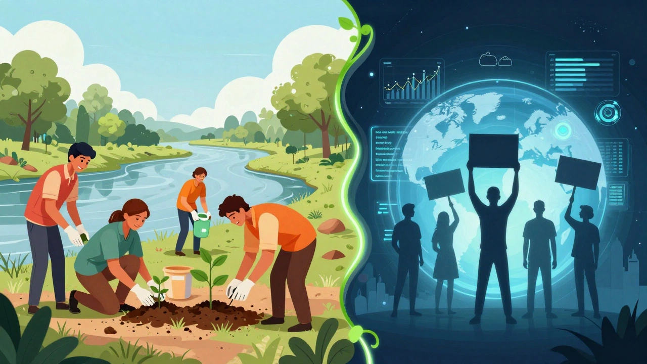 Split image of community cleanup and global advocacy for environment.
