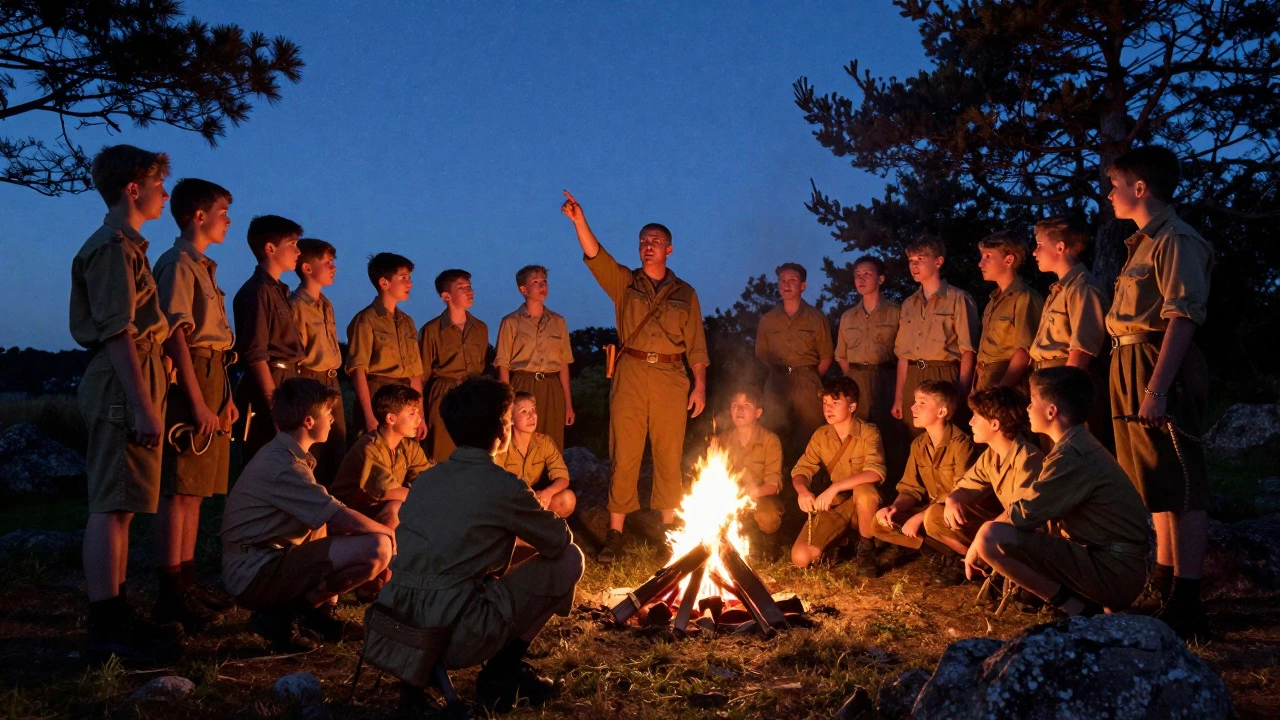 Boys learning survival skills around a campfire with a leader at dusk
