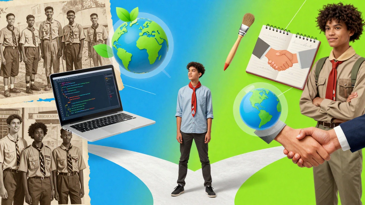 Collage of a modern youth surrounded by symbols of diverse skill paths