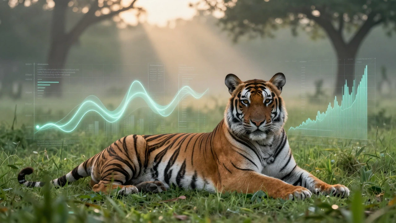 Conceptual image of a Bengal tiger with abstract data overlays representing species research