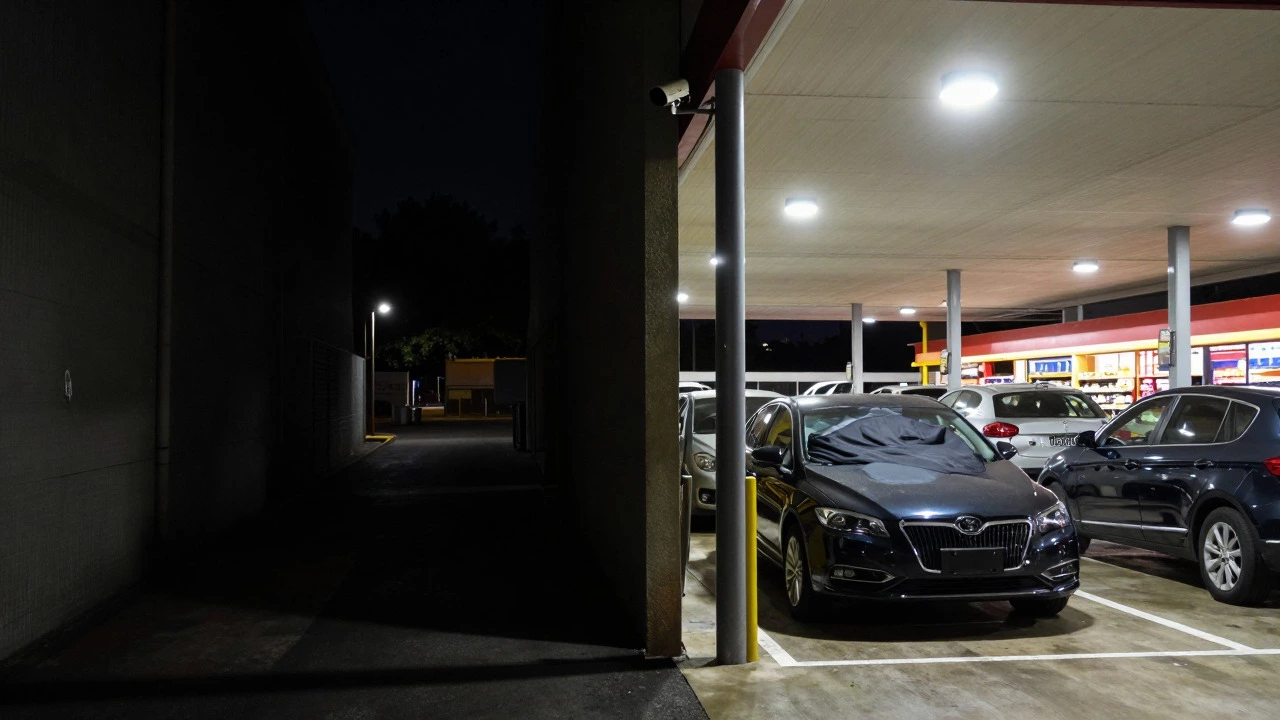 Contrast between dark alley and well-lit supermarket carpark at night