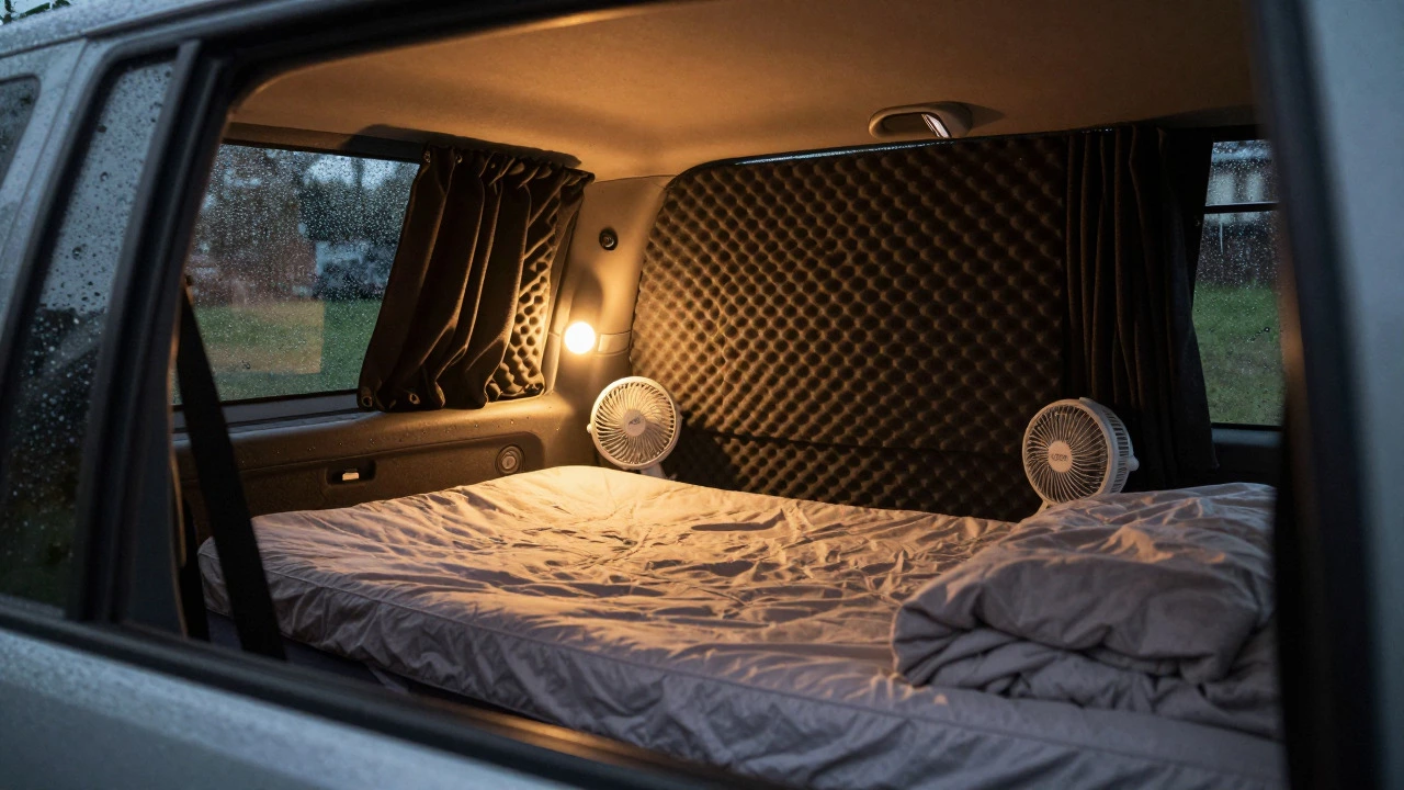Cozy car interior setup with air mattress and blackout curtains