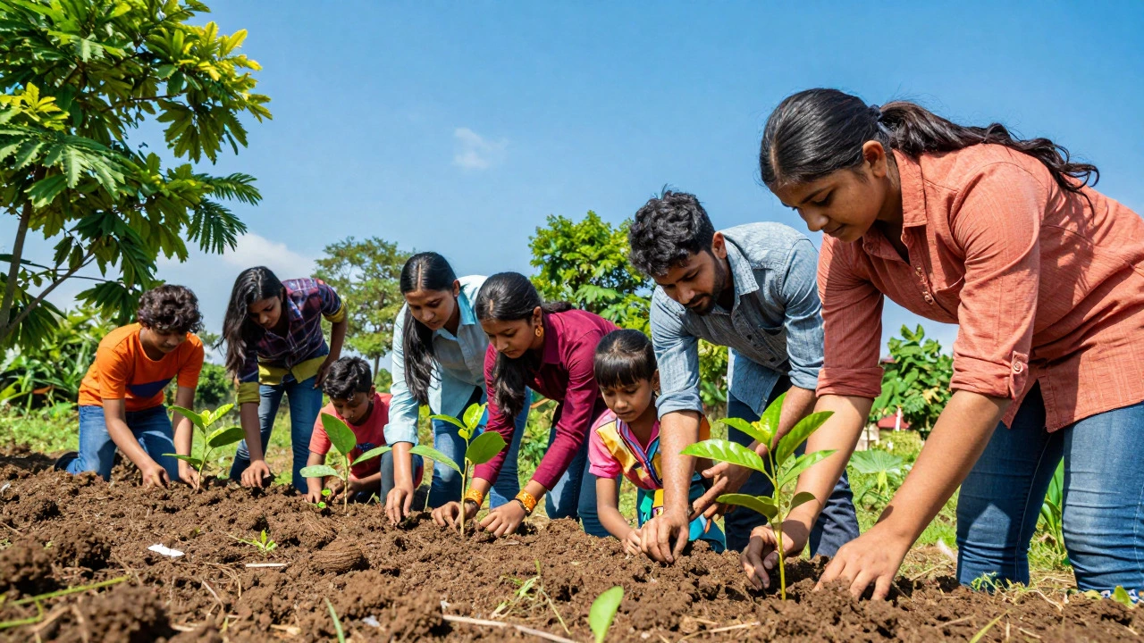 Group of volunteers planting trees in a green landscape