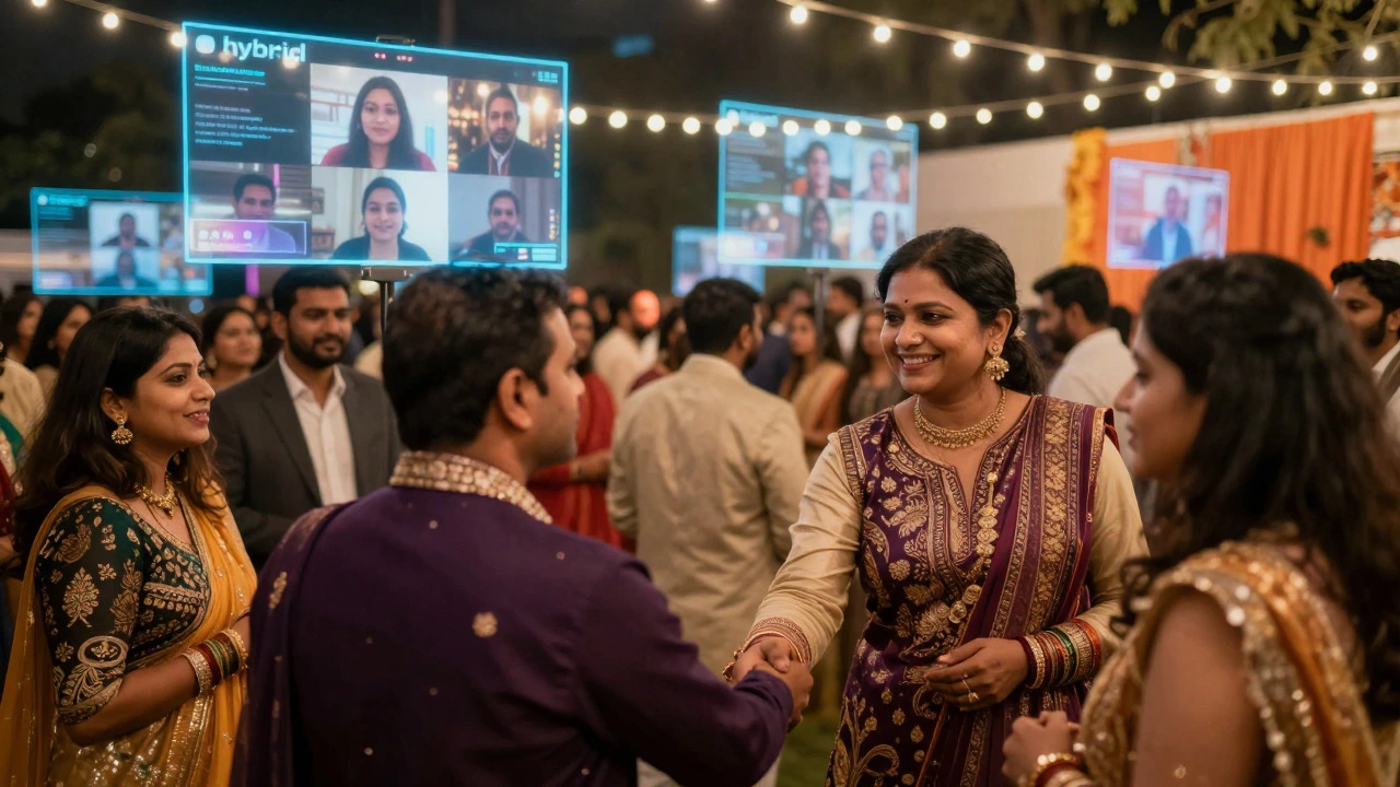 Guests at an outdoor gala with holographic projections of remote donors