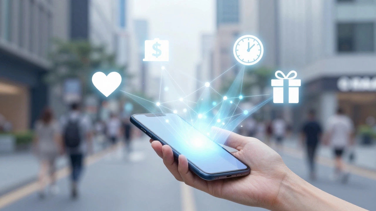 Hand holding a phone connected by light beams to charity symbols