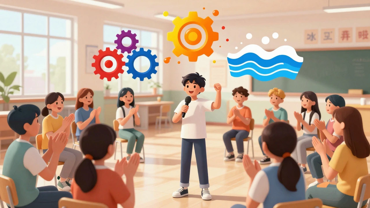 Illustration of a student leading a drama club, symbolizing confidence and teamwork