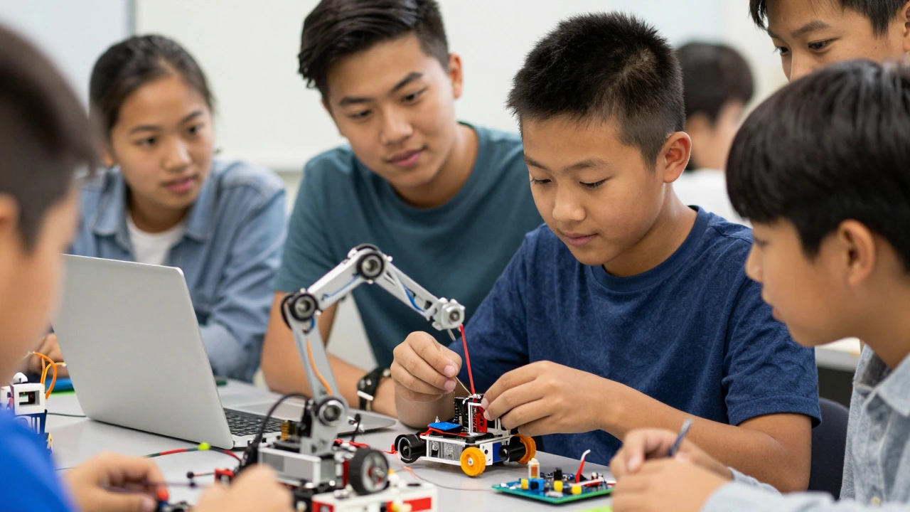 Middle schoolers collaborating on a robotics project during an after-school STEM club