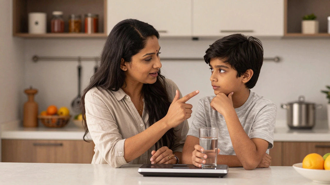 Mother and son discussing hunger levels while drinking water