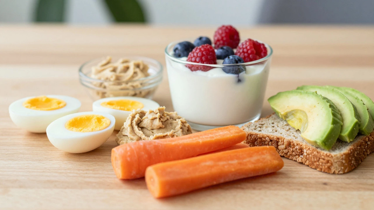 Variety of nutritious after-school snacks like fruit, yogurt, and veggies