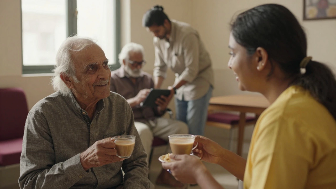 Volunteer chatting with an elderly person in a community center