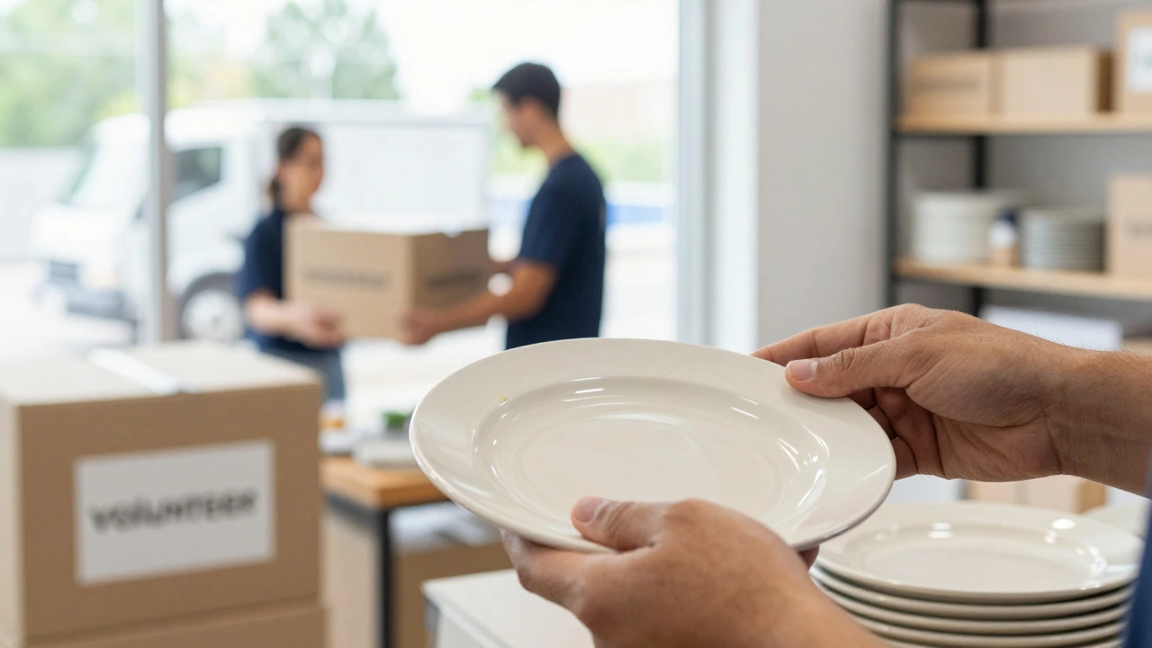Volunteer inspecting goods while staff manage logistics in the background.