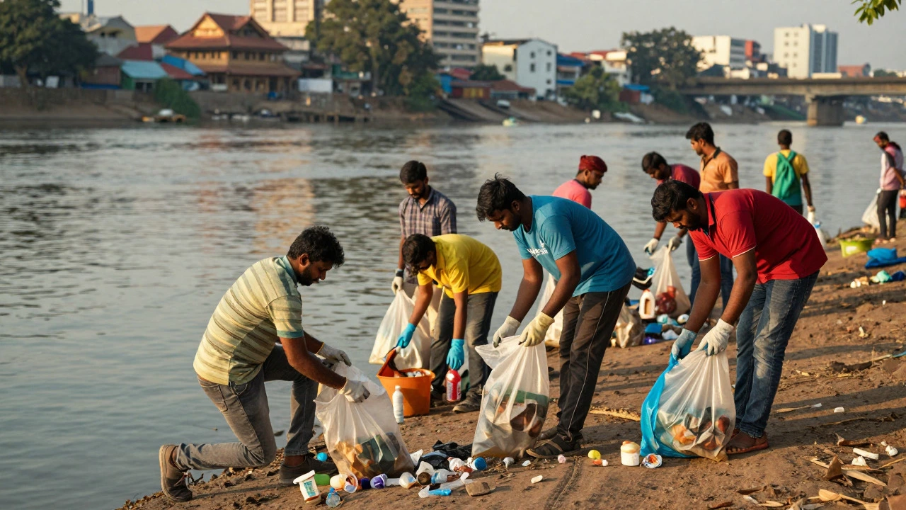 Volunteers cleaning up plastic waste on a riverbank in an Indian city during sunset
