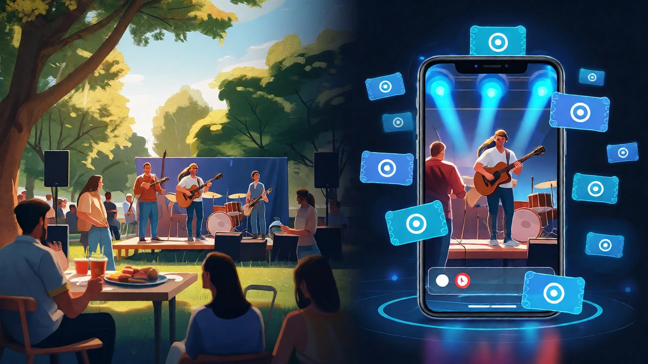 A split view showing a live outdoor concert and its corresponding livestream on a mobile device.