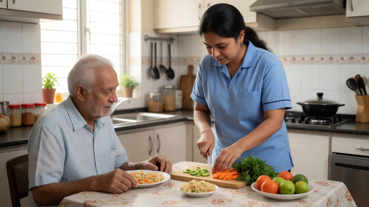 Aide preparing food for an elderly man in a home kitchen setting