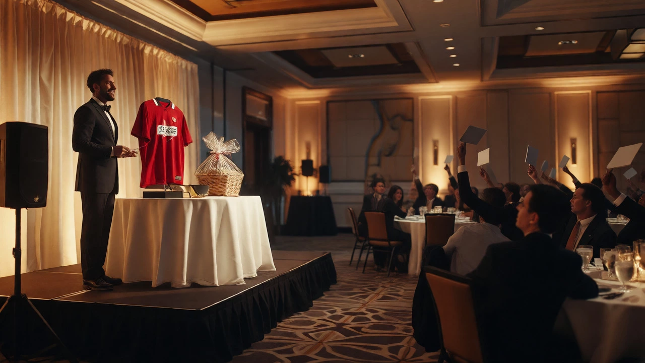 An auctioneer leading a charity auction night in an elegant hall with attendees bidding on items.