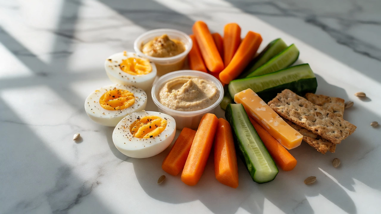 Colorful display of healthy no-prep snacks including veggie sticks, hummus, and hard-boiled eggs.