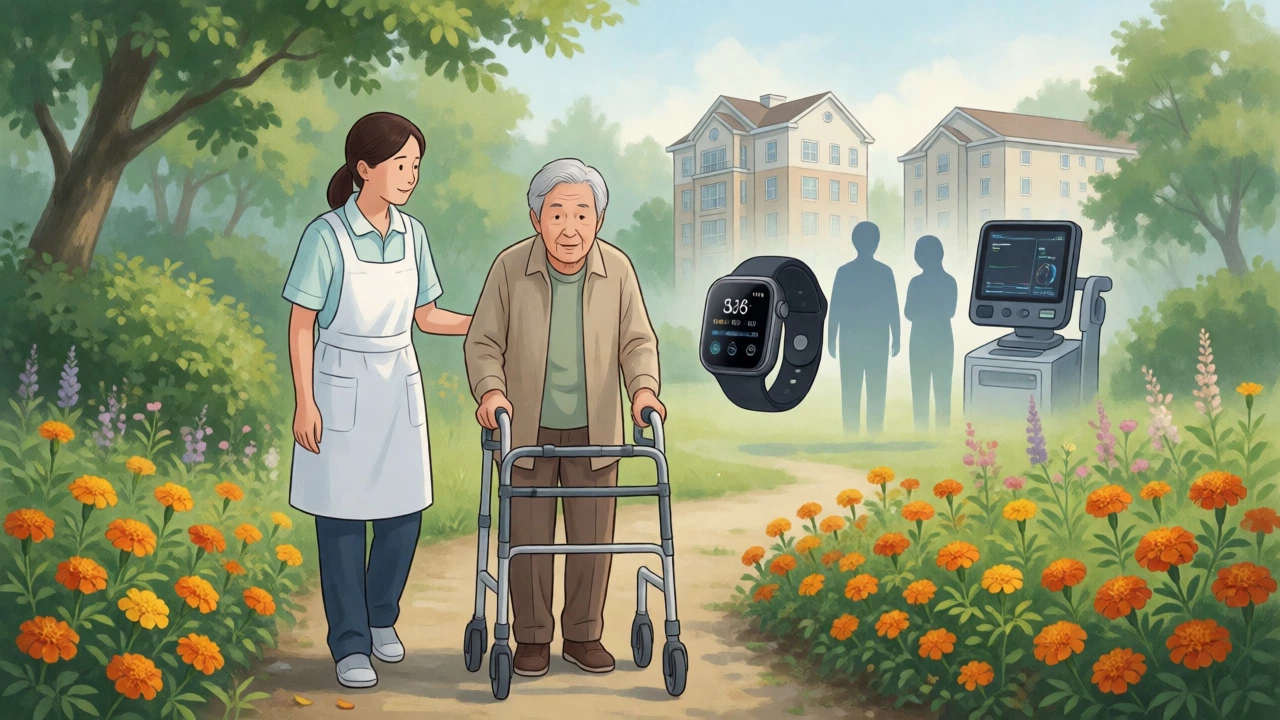 Elderly person walking with aide in a garden, symbolizing home care