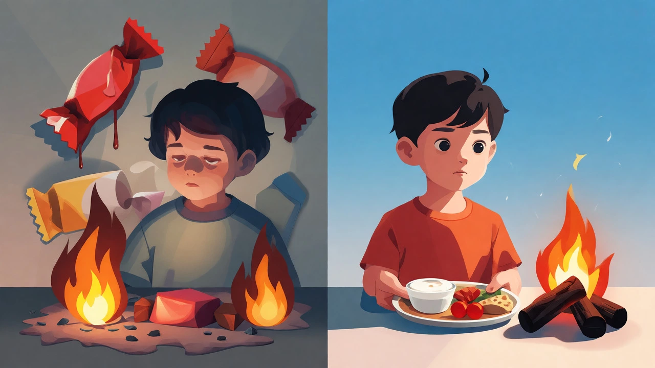 Illustration contrasting low-energy sugar crashes with sustained focus from balanced nutrition.