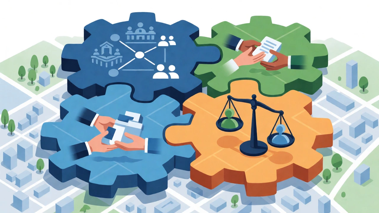Isometric illustration showing interconnected components of a strategic community outreach plan.