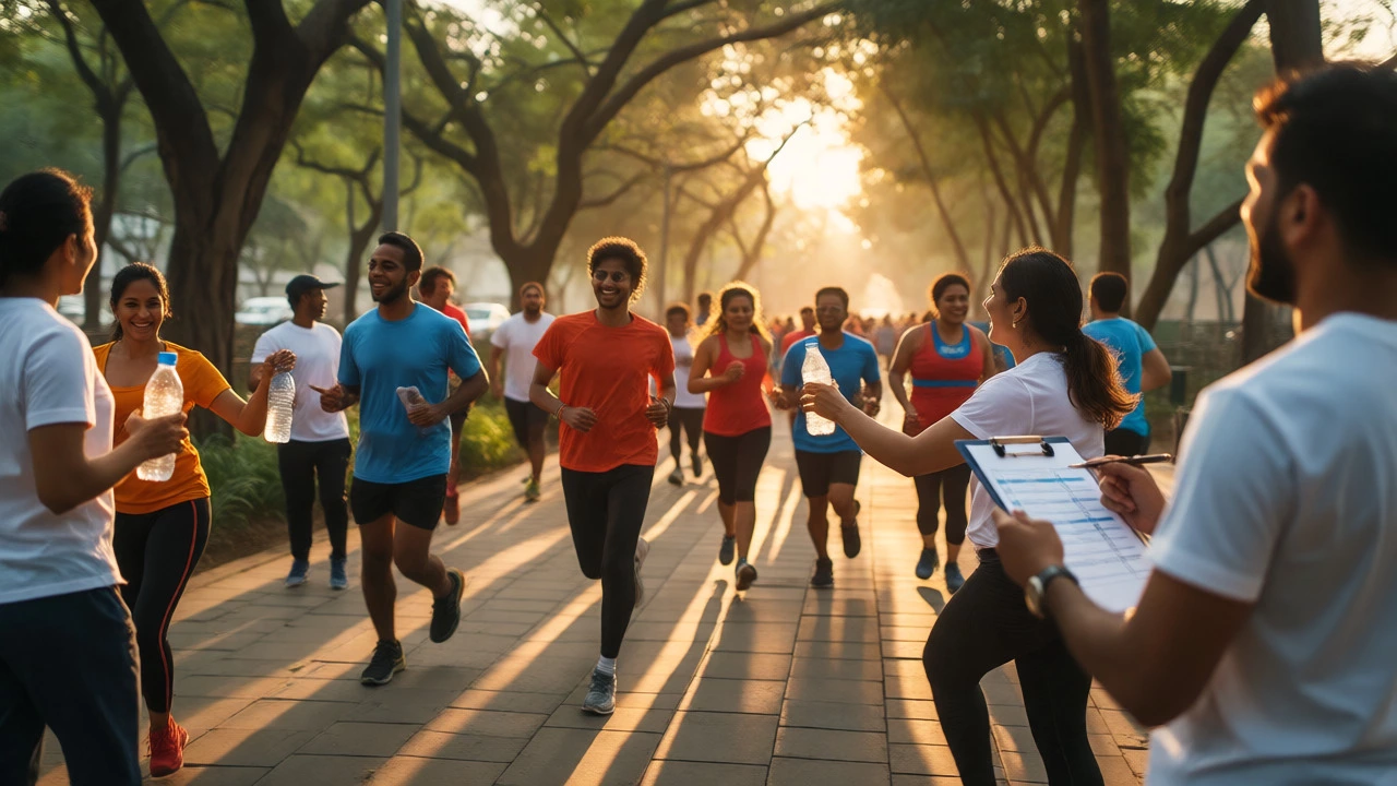 Participants enjoying a charity fun run in a park during sunset.