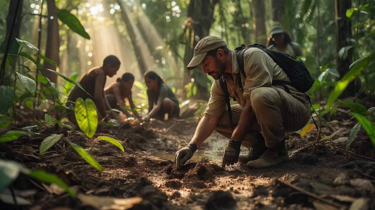 Researcher tracking a jaguar in a sunlit rainforest while locals plant trees nearby.