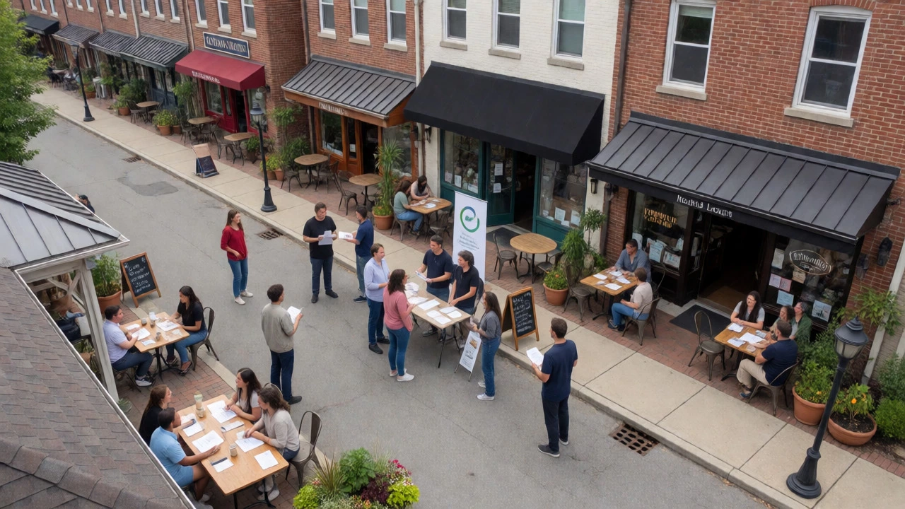Targeted outreach team conducting focused conversations in a lively local neighborhood setting.
