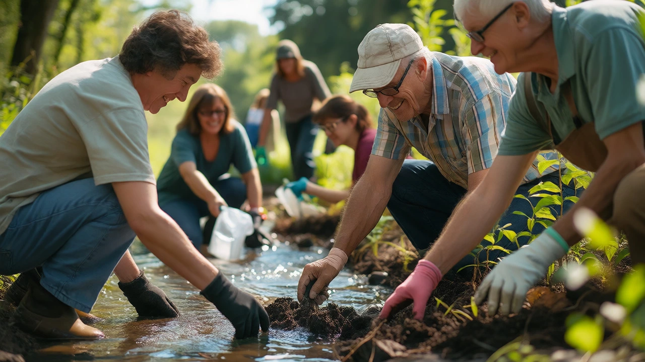 Volunteers cleaning up a creek and planting shrubs in a sunny community park.