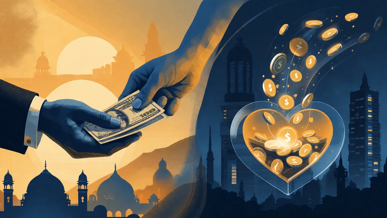 Conceptual art showing cash and digital coins flowing into a charity heart