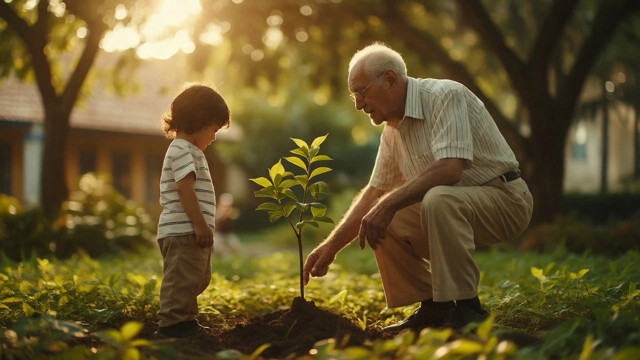 Grandfather and grandchild planting a tree, symbolizing lasting charitable legacy.