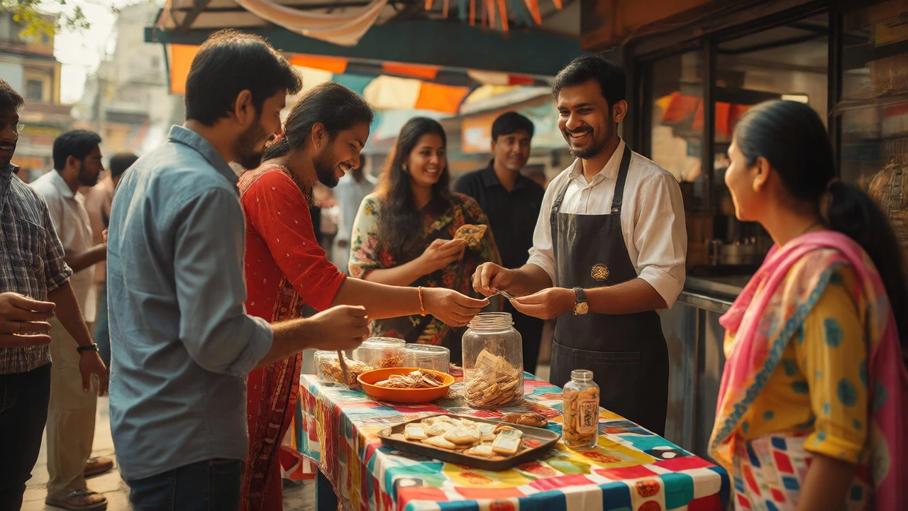 Street fundraiser collecting donations at a busy urban market stall