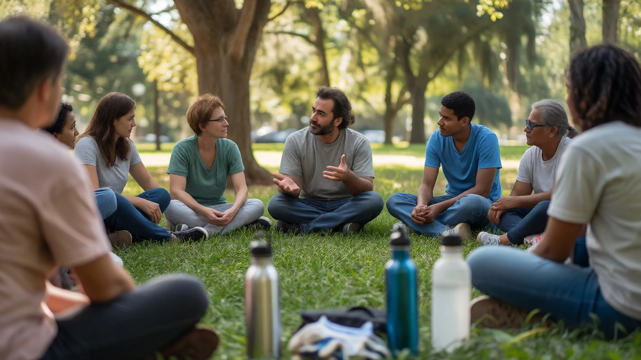 Volunteers sitting in a circle during a calm outdoor meeting